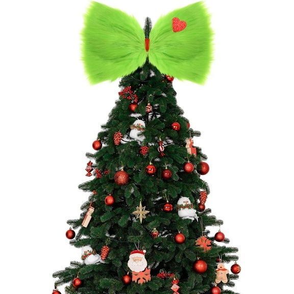 Guvpev Christmas Tree Topper Bow - 14 x 8'' Large Green Furry Gr-inch Bow Tree Toppe with Glitter Heart for Indoor Outdoor Christmas Decorations Holiday Party Supplies Gr-inch Tree Topper Decorations