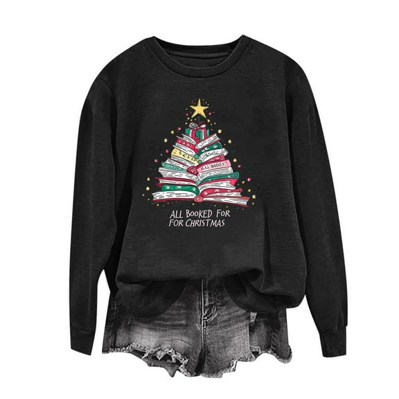 BXJX Women's Christmas Print Long Sleeve Pullover Sweatshirt- Casual Fashion Holiday Loose Pullover for Winter Streetwear Black Size L