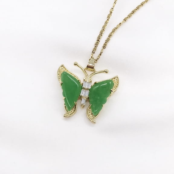 Gold-Plated Butterfly Green Jade Charm Pendant Necklace