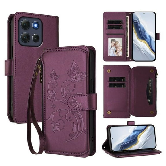 Magnetic Clasp Flip Stand Case for Motorola Moto G86 Power with Lanyard 5-Card Holder Butterfly Flower Multi-card Zipper Wallet Leather Phone Case,Dark Purple,For Moto G86 Power
