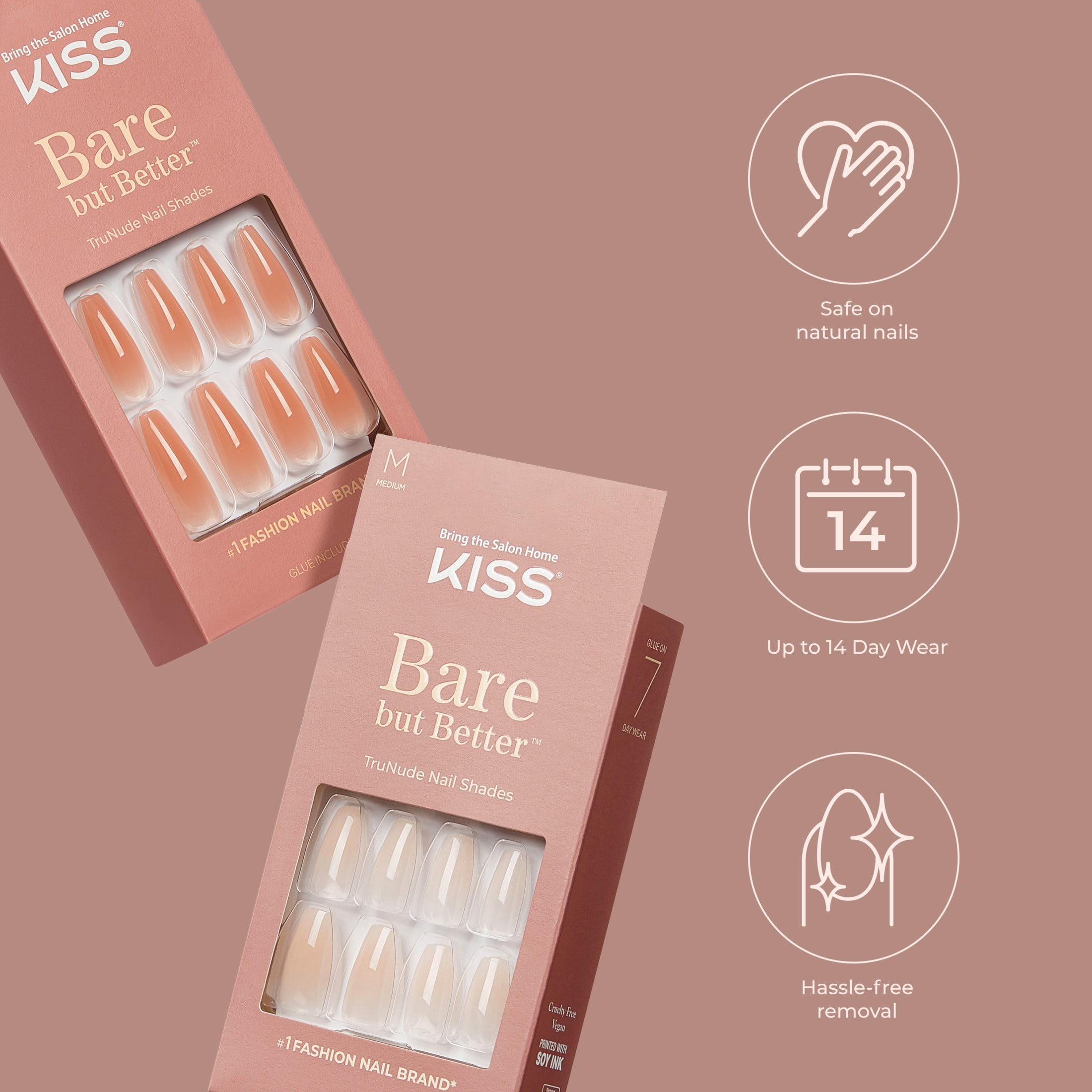 KISS Bare but Better Press On Nails, Glossy Pink, Medium Length, Coffin Shape, 28 Ct.