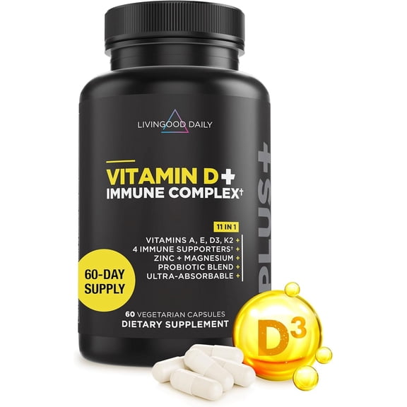 Livingood Daily Vitamin D   Immune Complex, Made with Vitamin D3 K2, Zinc, Magnesium, Vitamins E & A and Probiotics, Immune Support Supplement, Advanced Absorption, Gluten Free, Non GMO, 60 Capsules
