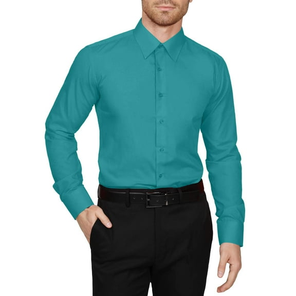 J. METHOD Men's Dress Shirt – Classic Long Sleeve Slim Fit Button Down Solid Color Top S-5XL NEMT104 Turquoise 2X 36/37