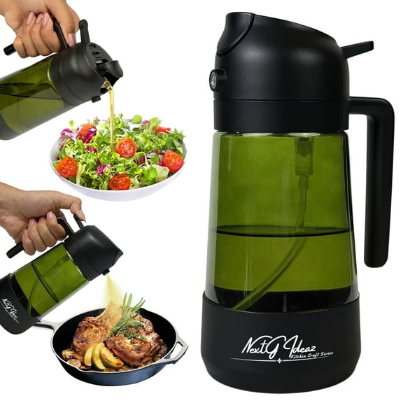 NextG Ideaz 2 In 1 Cooking Oil Sprayer and Pourer, Non-Drip Spout, 16oz/470ml (Black Cap, Green Bottle), with Silicone-Encased Base