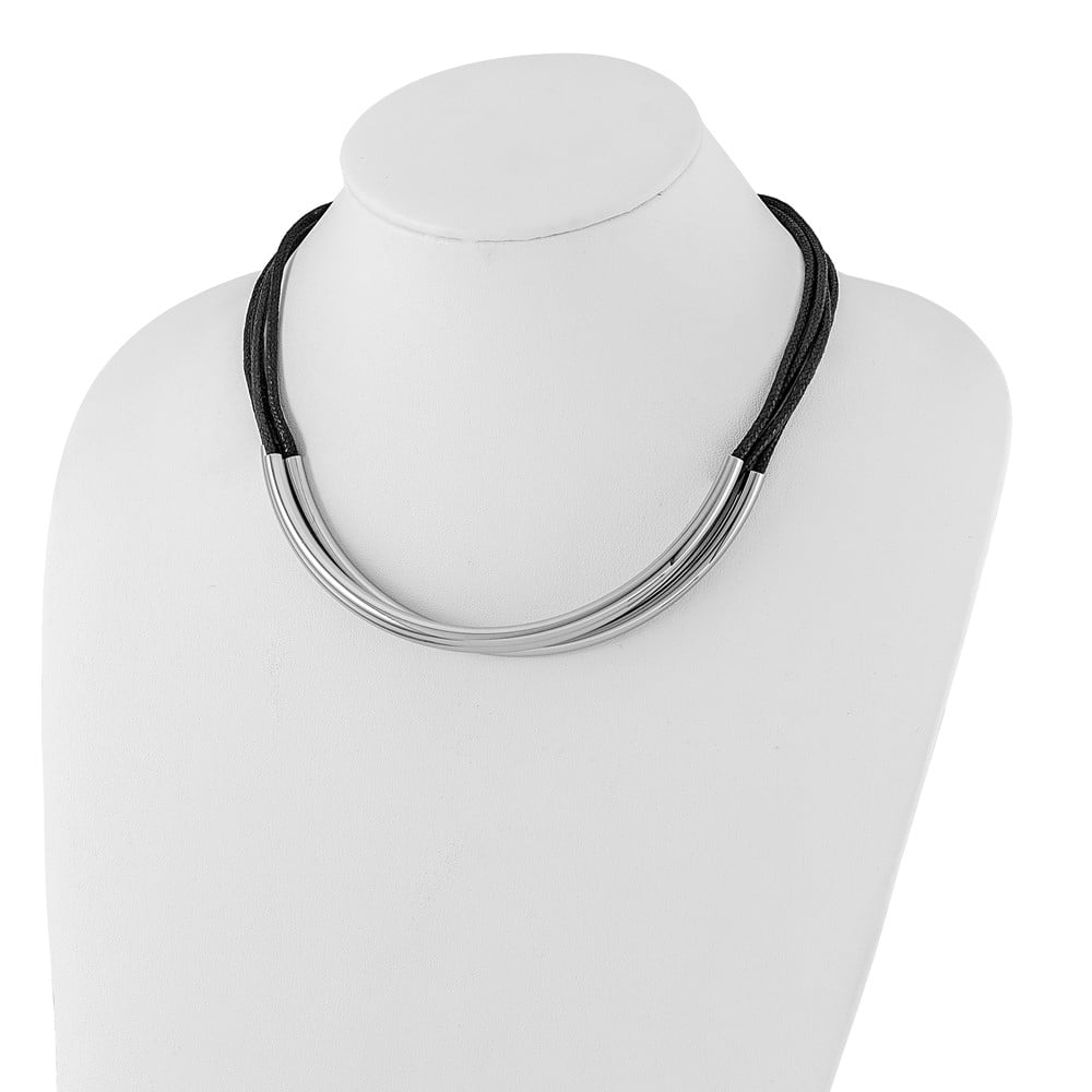Stainless Steel Cord & Leather Necklace Chain Polished 3 Tube w/ Black Wax 18 inch 5 mm