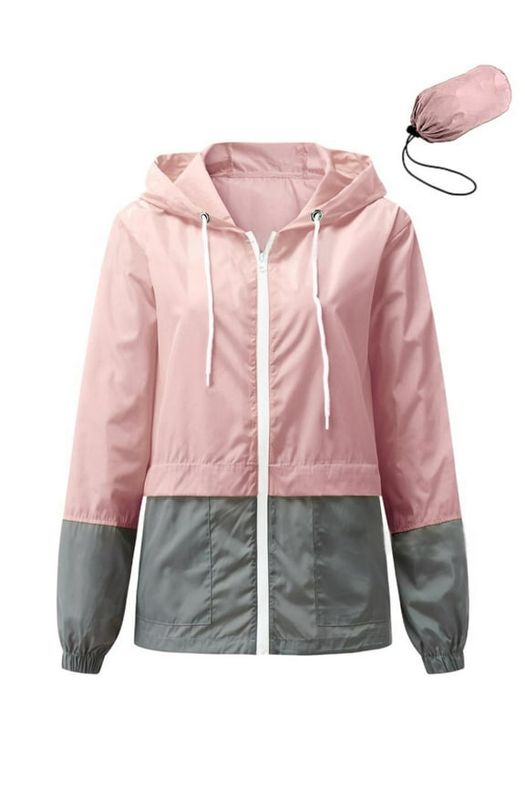 Womens Waterproof Raincoat Lightweight Color Block Jackets Windproof Hooded Jacket with Pockets