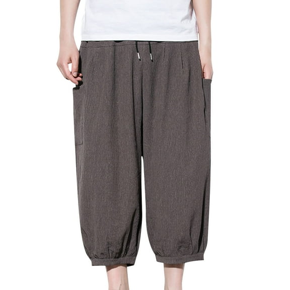 LMOIPLI Men's Linen Capri Pants Wide Leg Baggy Harem Pants Drawstring Elastic Waist 3/4 Capri Shorts Blow Knee with Pockets Brown XXXL