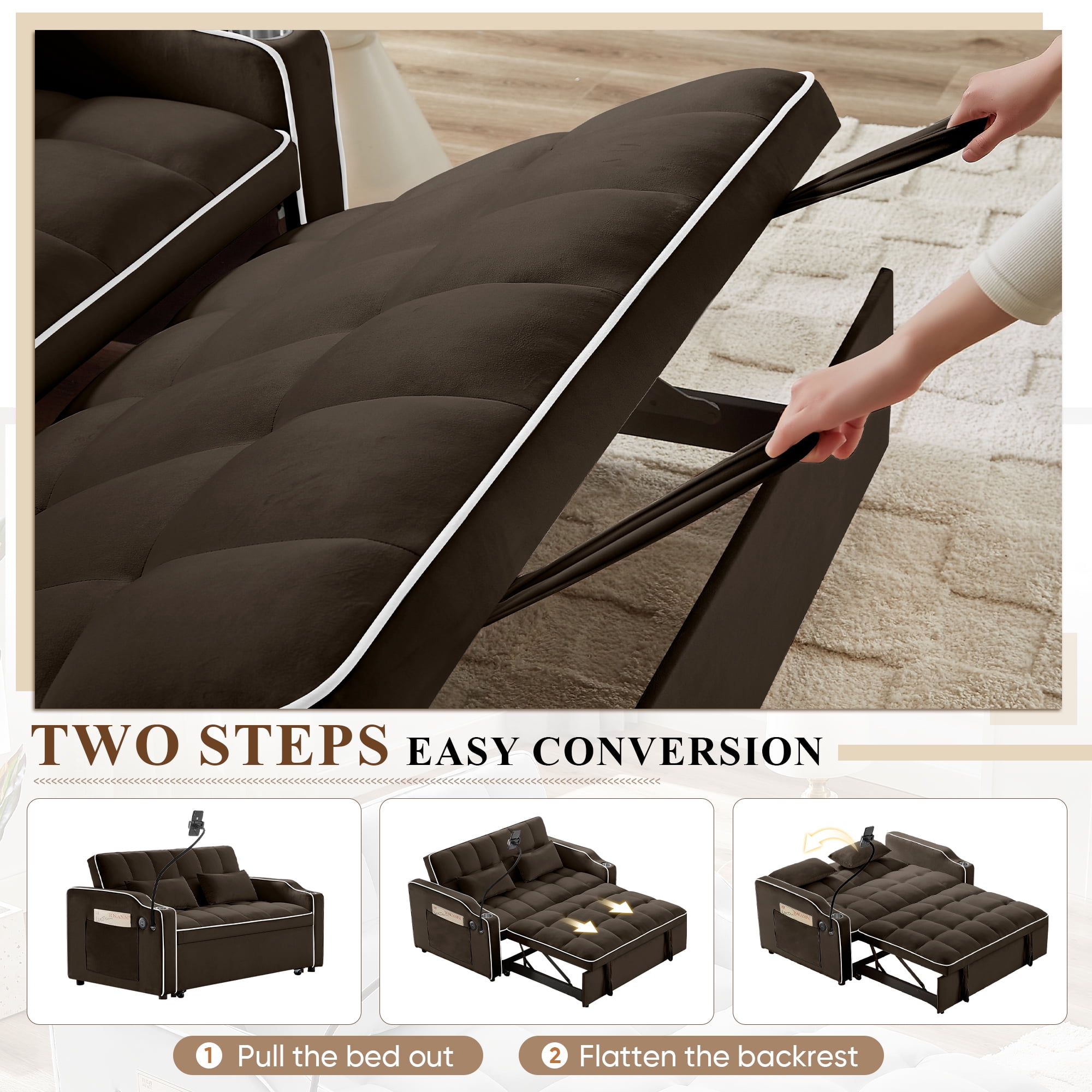 Lunale 4-in-1 Convertible Loveseat Sleeper, 55" Futon Sofa Bed with Phone Stand, USB, Brown Velvet