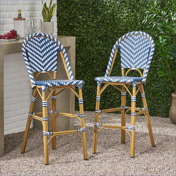 Outdoor Barstools, French PE Rattan Set of 2, 29.5" Seat Height for Patio Cafe | Navy Blue | Aluminum