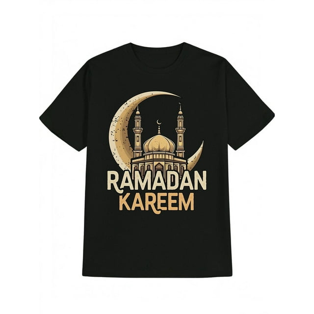 Men's Casual Crew Neck T-Shirt with Ramadan Kareem Print - Black Cottonr, Machine Washable, Ideal Gift for Men, Casual Sporty Tee, Summer Gifts