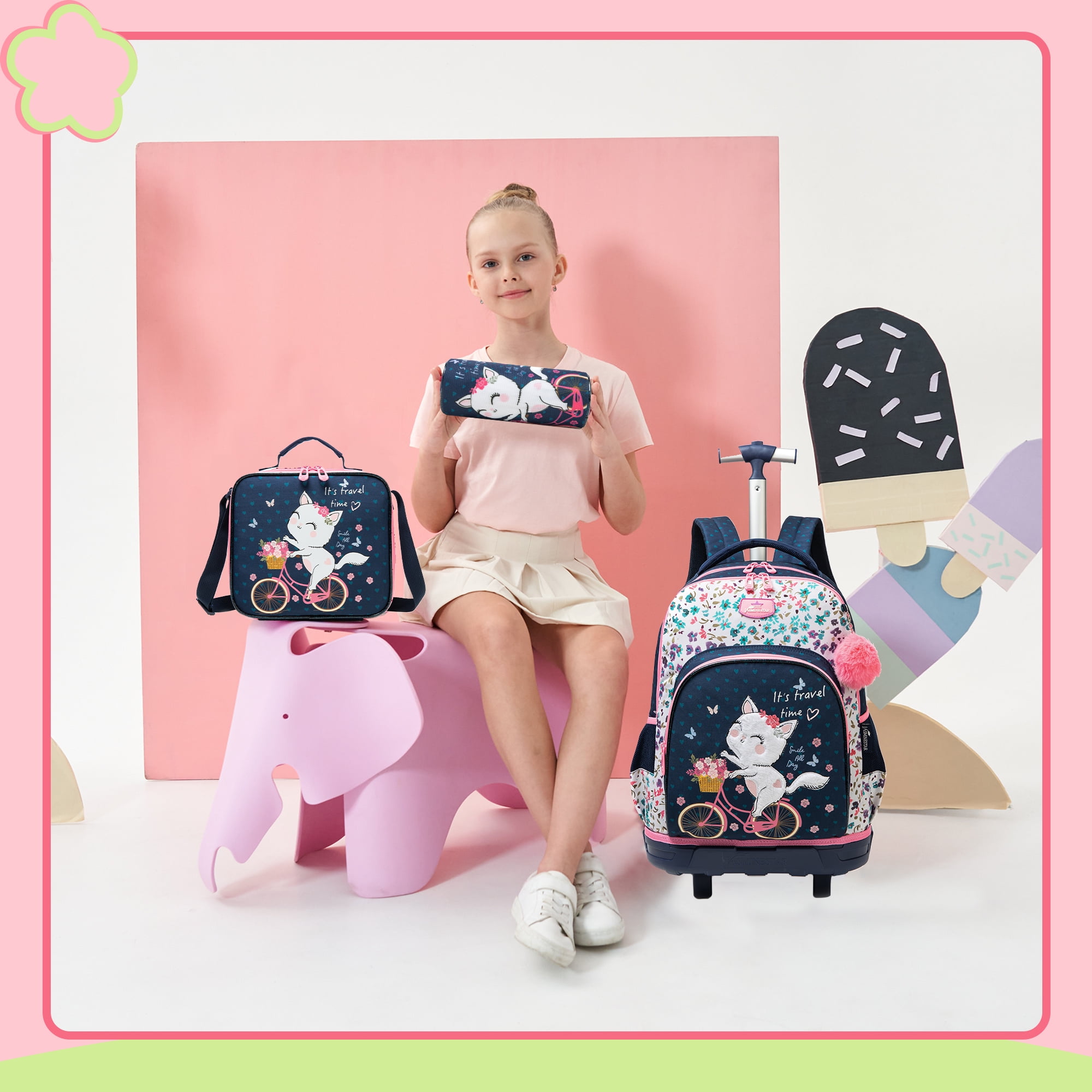 Kids Rolling Backpacks for School Girls with Lunch Box Pencil Case Roller Backpack with Wheels for Elementary Students Ages 8-10