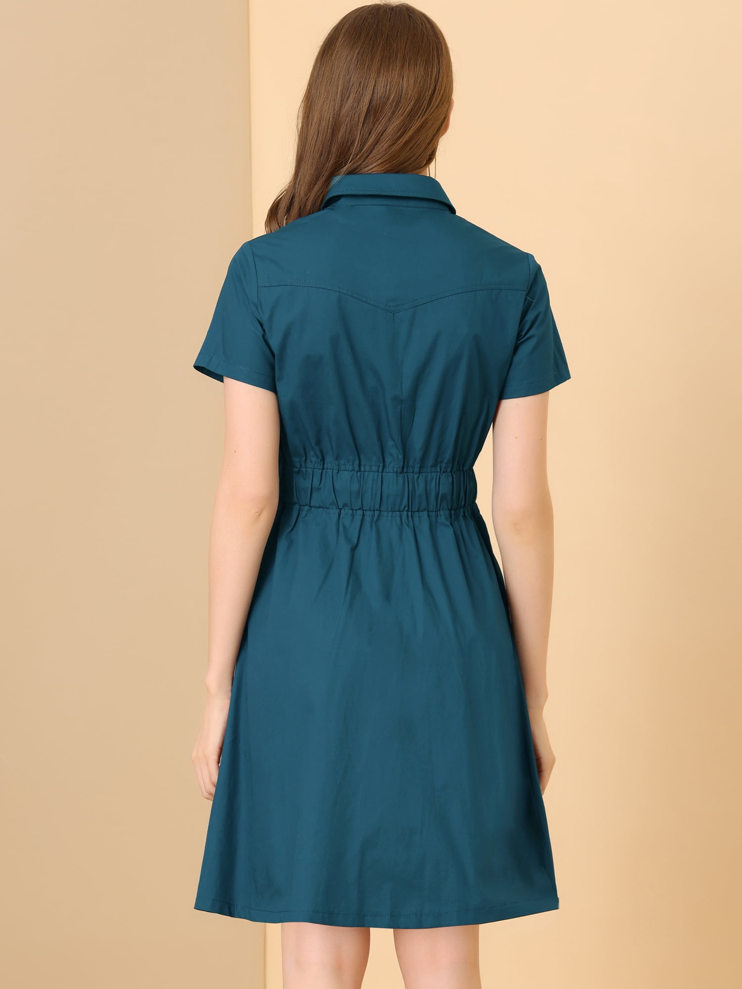 DARING DIVA Collar Elastic Waist Above Knee Dress with Pocket XL Navy Blue