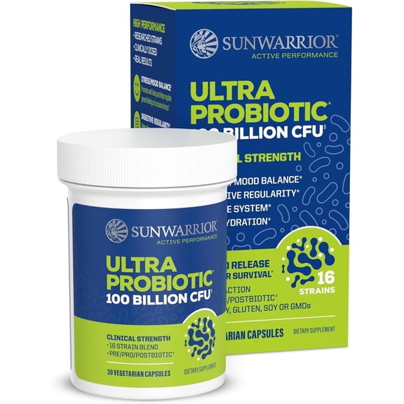 Sunwarrior Active Performance Ultra Probiotic Capsules for Gut Health, 100 Billion CFU, 30 Count