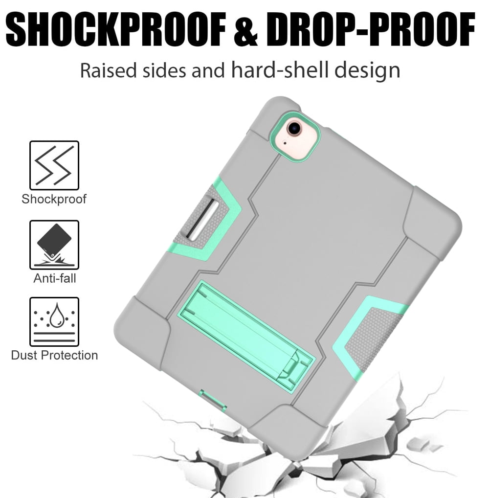 Allytech iPad Air 5 Case 2022, iPad Air 4 Case 2020, Heavy Duty Protection Shockproof Build In Kickstand Pencil Holder Kids Friendly Case for Apple iPad Air 5th 4th Generation, BlackGray/Aqua