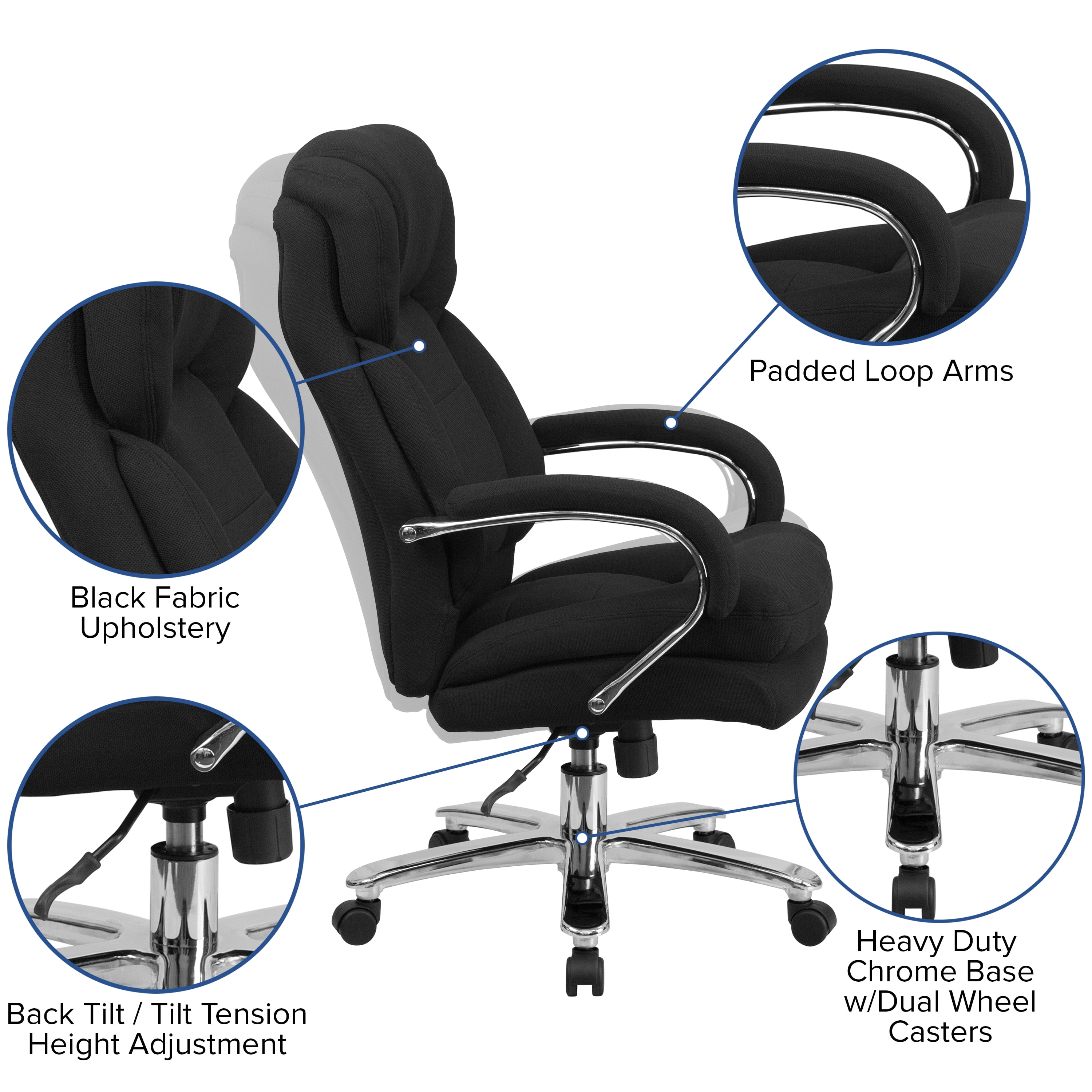 Emma + Oliver 24/7 500 lb. Big & Tall Black Fabric Ergonomic Office Chair with Loop Arms