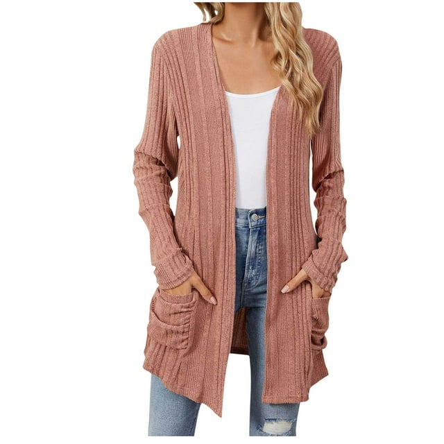 Timegard Cardigans pour Femmes, Côtelé, Manches Longues, Ouvert à l'Avant, Doux, Automne, Décontracté, Long Haut avec Poches