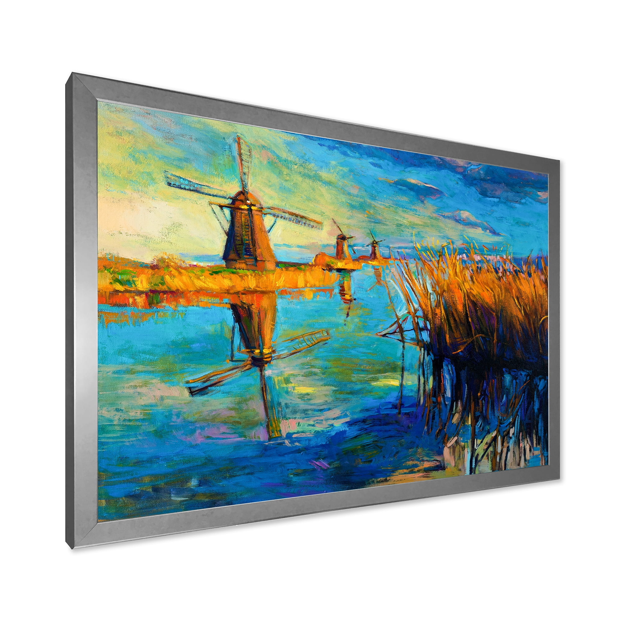 Designart 'The Deep Blue Lake And Windmills' Nautical & Coastal Framed Art Print