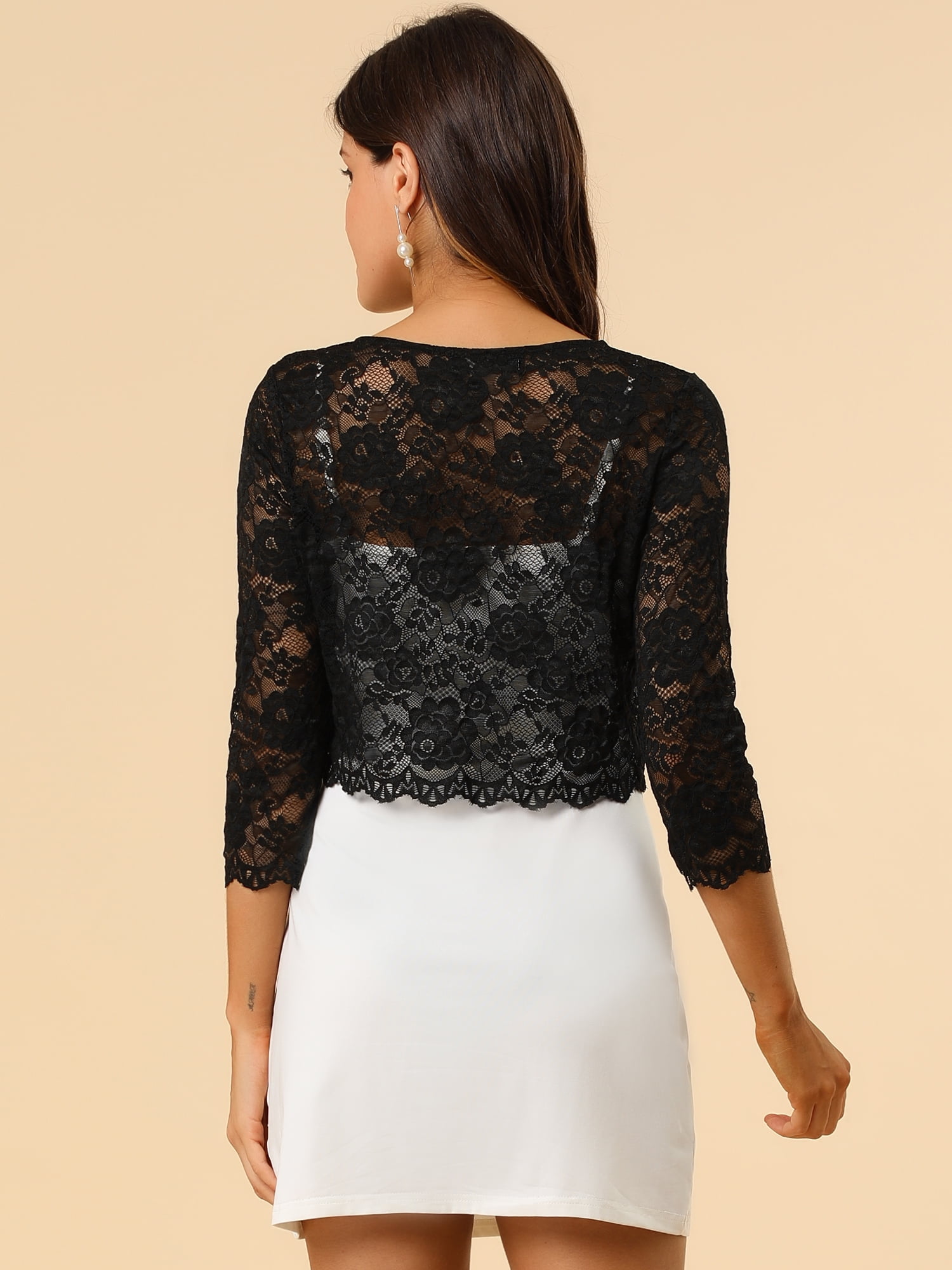 DARING DIVA Leisure Allover Floral Lace Crop Shrug Cardigan L Black