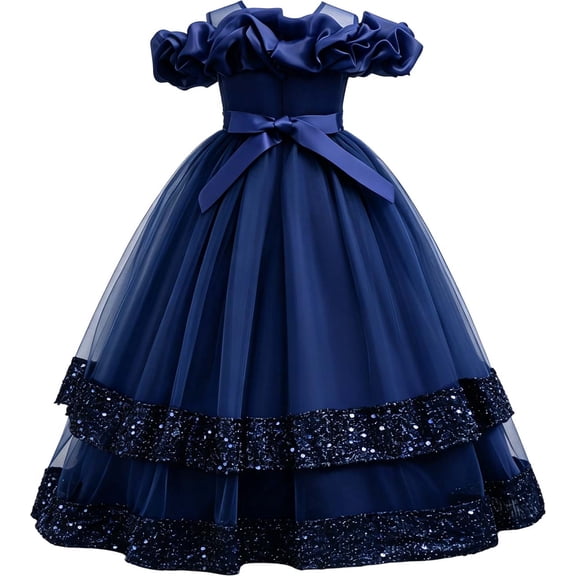 VNKIDY Girls Kids Off The Shoulder Ruffle Trim Long Ball Gown Dress With Sequin Embellished Tulle Skirt For Birthday Party Wedding Flower Girl Pageant Occasions Versatile Dress
