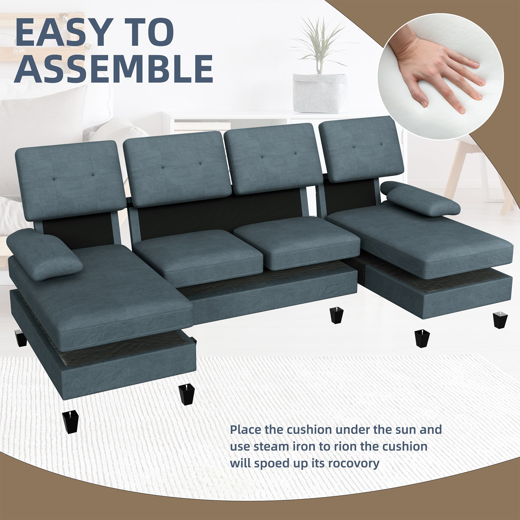 Walsunny Modern U-Shape Sectional Sofa, Chenille Fabric Modular Couch, 4 Seat Oversized Sofa with Chaise for Living Room