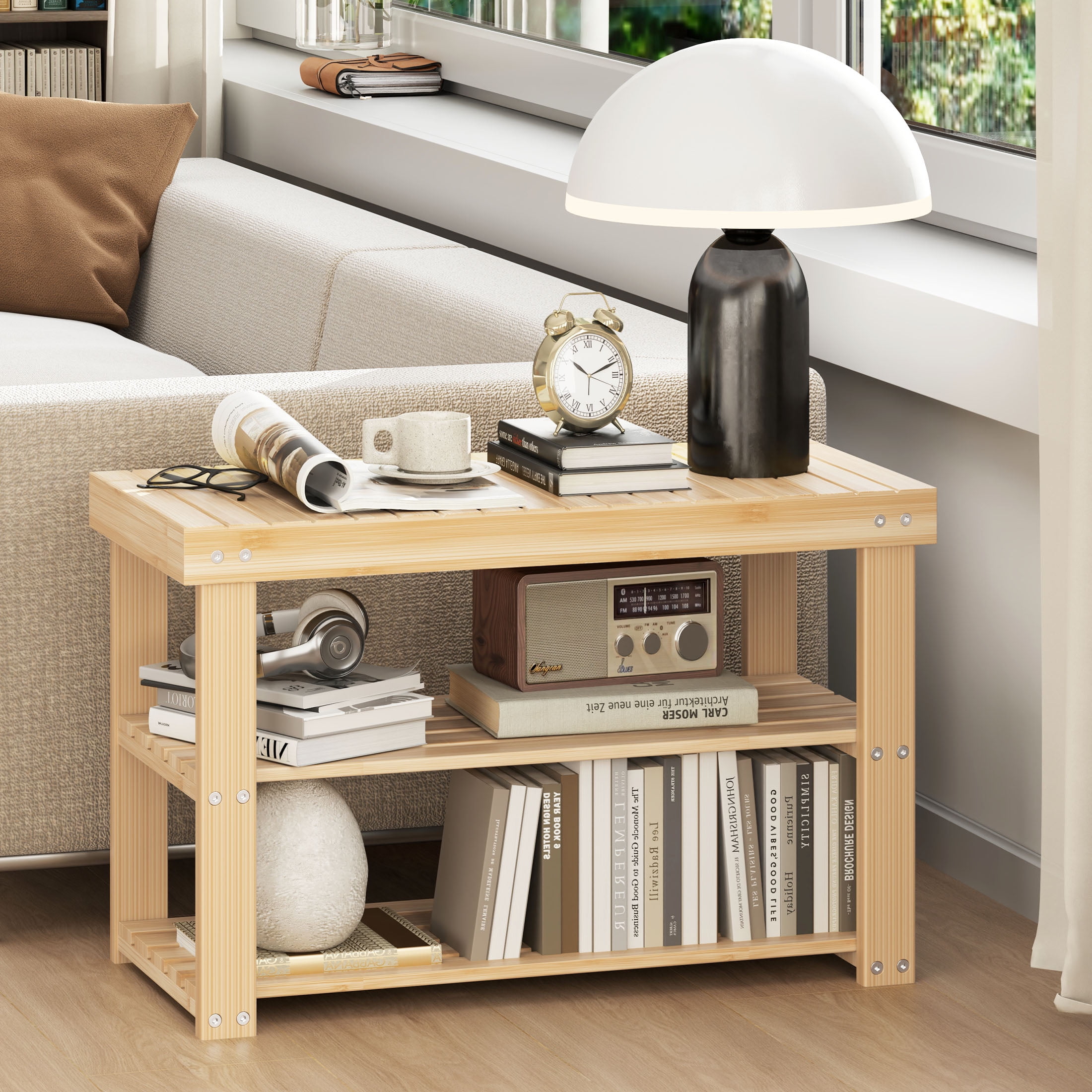 EDX 3-Tier Bamboo Shoe Rack Bench, 11.3 x 27.6 x 17.8 Inches Compact Storage Organizer with 286lb Capacity for Entryway, Bedroom and Living Room, Wood