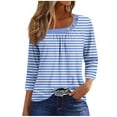 thumbnail image 2 of hxobax Striped 3/4 Length Sleeve Shirts Womens Trendy Pleated Crewneck Button Blouse Cute Tunic Tops, 2 of 5