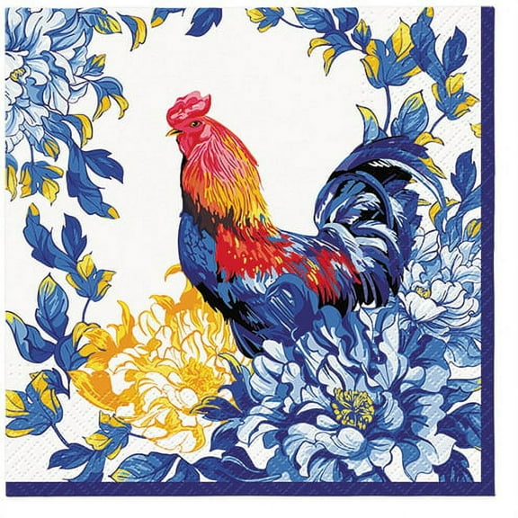 Floral Napkins BLUE ROOSTER 40pcs Lunch Napkins, Rooster Napkins, Chicken Coop Napkins, Decoupage Paper Napkins, Blue Floral Paper Napkins