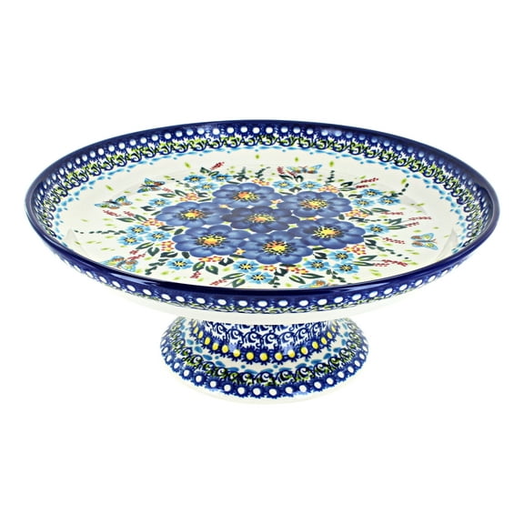 Blue Rose Polish Pottery Garden of Blue Cake Plate