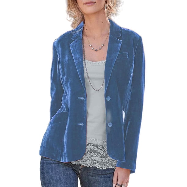 Chaqueta de Terciopelo para Mujer, Informal, con Solapa Abotonada, Larga, Cárdigan, Traje de Negocios, Abrigo con Bolsillos. Azul S