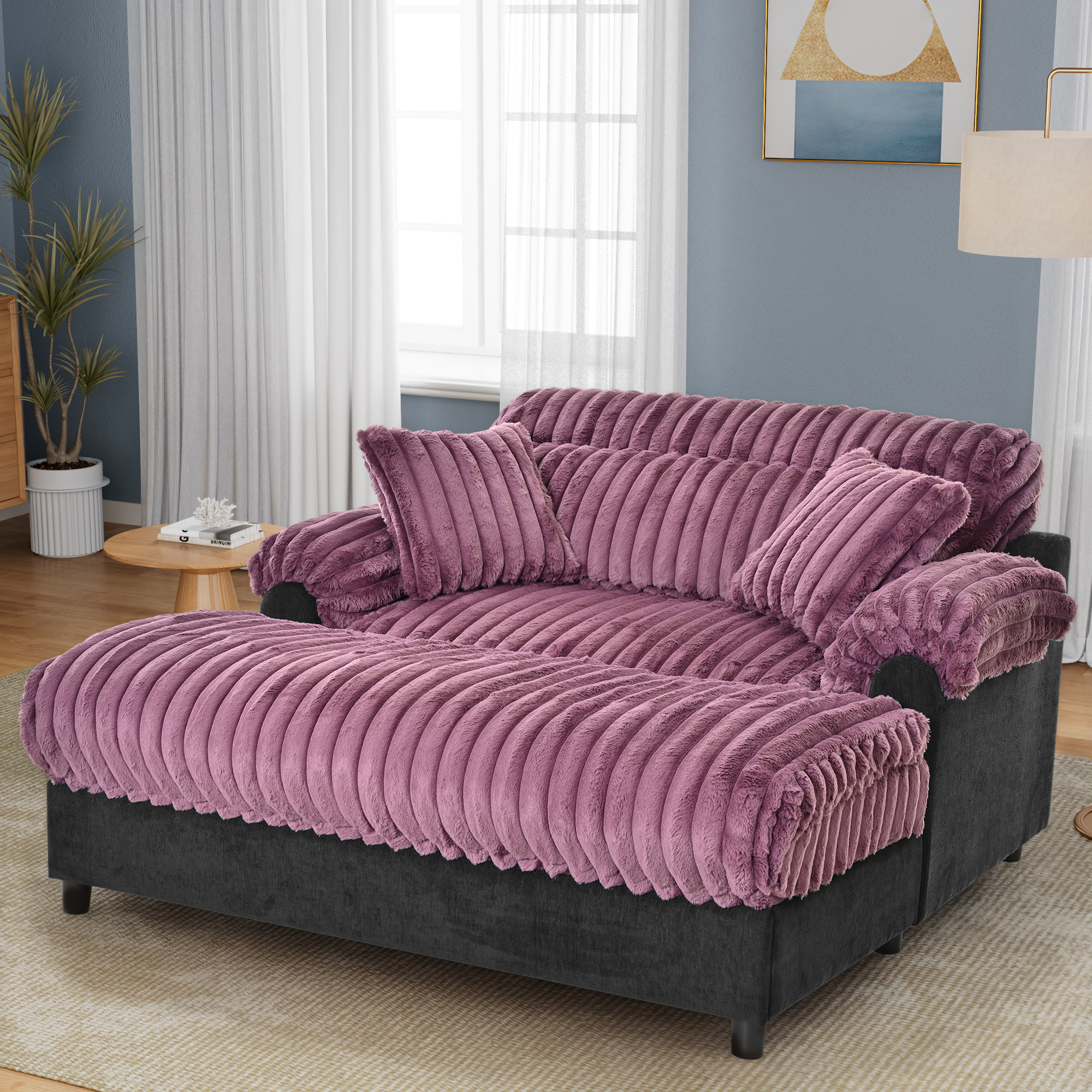 Euroco Modern Chaise Lounge Sofa 65.25" Cloud Chaise Sofa Cozy Plush Sofa Couch with Two Throw Pillows for Living Room, Wine