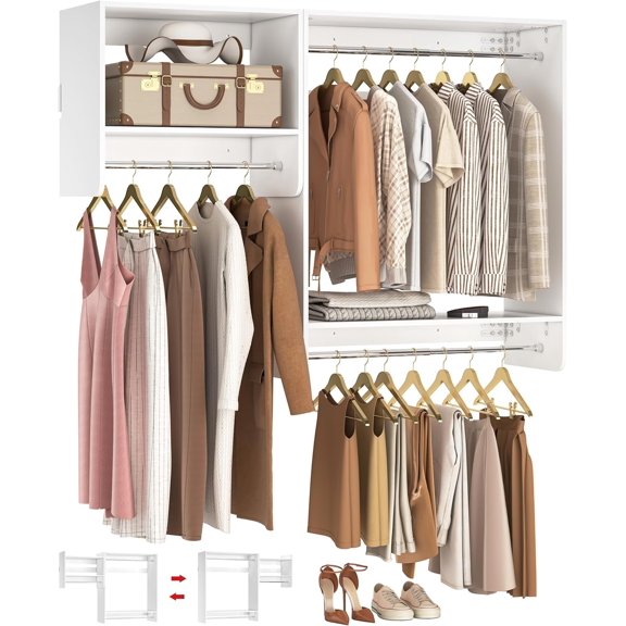 Homieasy 60” Closet System, 5FT Walk in Wood Clothing Rack with 3 Hanging Rods and 2 Shelves, Cut Be Cut to Fit, White