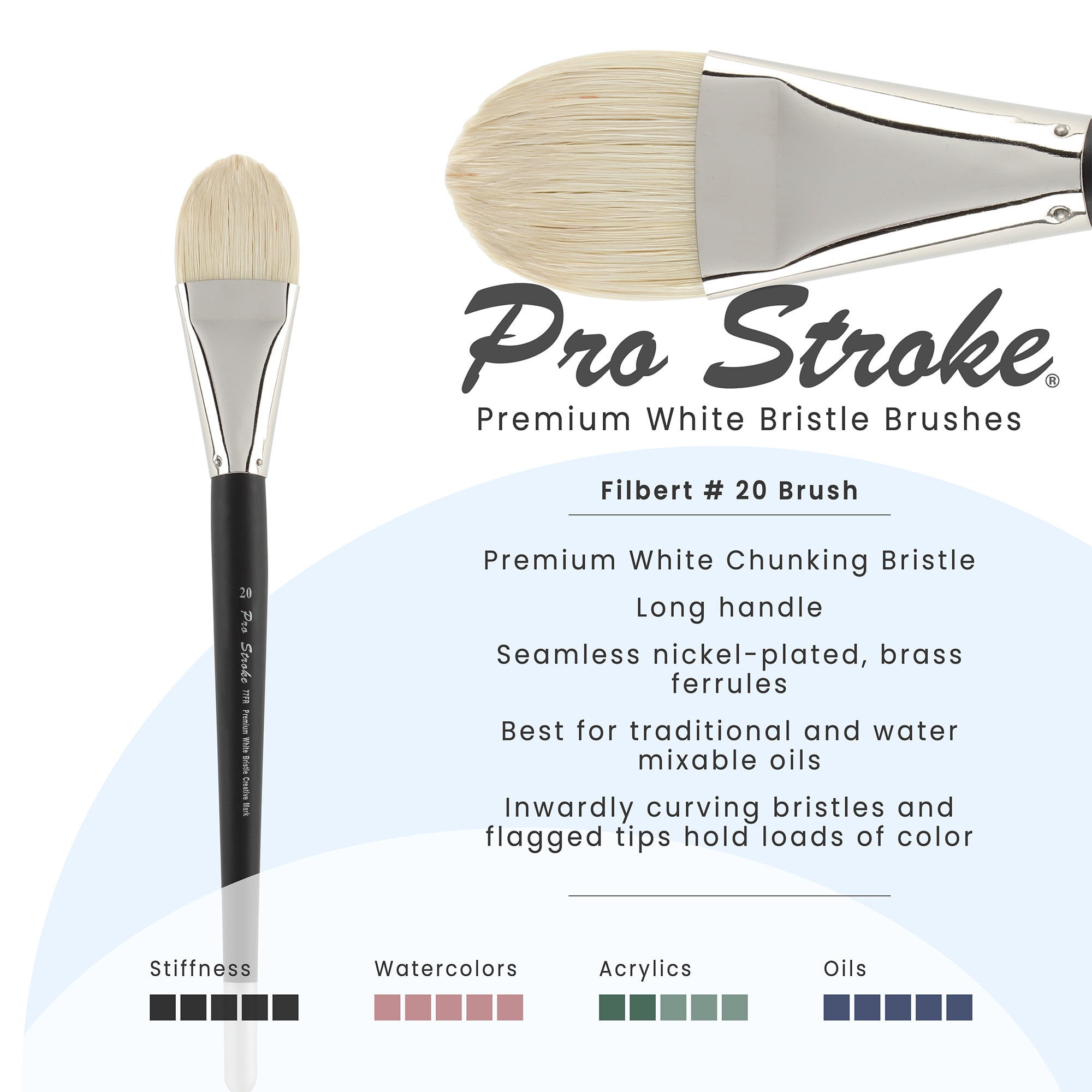 Creative Mark Pro Stroke Premium White Chungking Hog Bristle Artist Paint Brush -Filbert # 20 - 2 Pack -Natural Bristle Brush w/ Great Control Suitable for Oils, Watercolors, Acrylics, Alkyds, Caseins