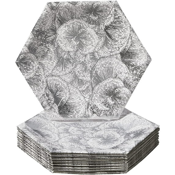 Hexagon Disposable Paper Plates (18 Pc) Metallic Floral Print, Heavy Duty Paper Plates 7 inch, Disposable Party Dessert Plates for Birthday, Silver Dinnerware Set for Baby Showers, Weddings & Events