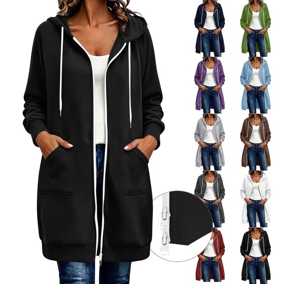 Women's Zip Up Hoodies Long Tunic Sweatshirts Oversized Fleece Casual Long Sleeve 2026 Fall Hoodie Jacket Coat, #01_Black, L