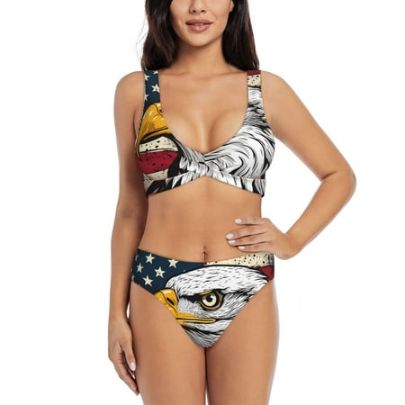 Zeuib American Bald Eagle High Waisted Tummy Control Bikini Set - Knot Front Push Up Top & Cheeky Thong Bottom  Two-Piece Swimsuit for Women-Small