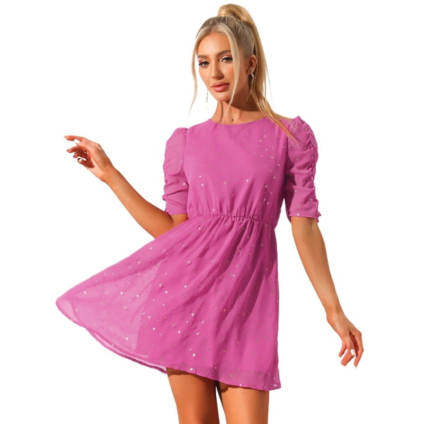 Disfraz de navidad Vestido corto de mujer con mangas fruncidas y estrellas metálicas doradas Rosa Caliente XS