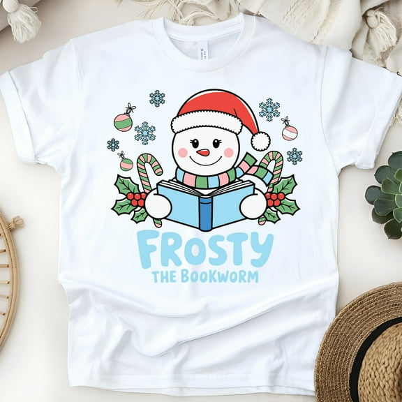 Frosty the Bookworm Shirt | Cute Snowman Reading Holiday Tee, White, Size S