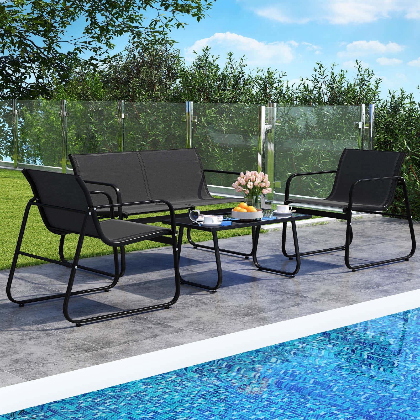 Costway 4 PCS Patio Furniture Set Fabric Lawn Chairs and Loveseat with  Coffee Table
