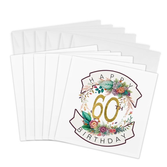 3drose, Colorful Floral Wreath Happy 60th Birthday, 6 Greeting Cards with Envelopes