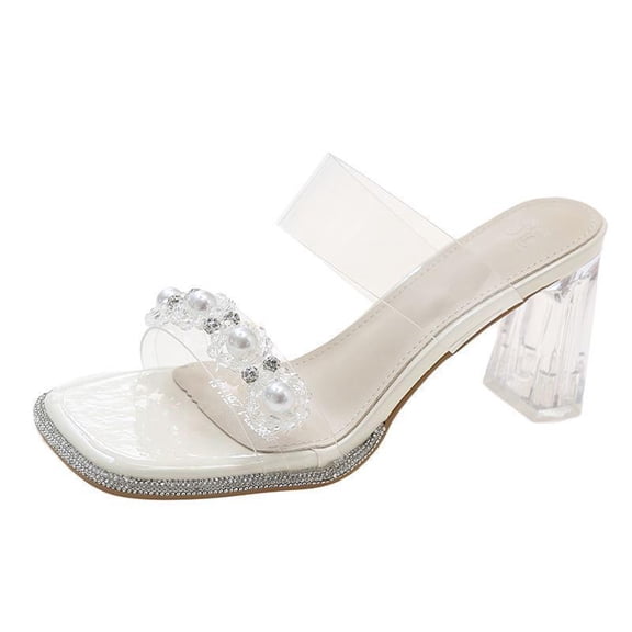 Heel Sandals for Women Sexy Open Toe High Heels 8 CM Transparent chunky heel Pearls Rhinestones Square toe