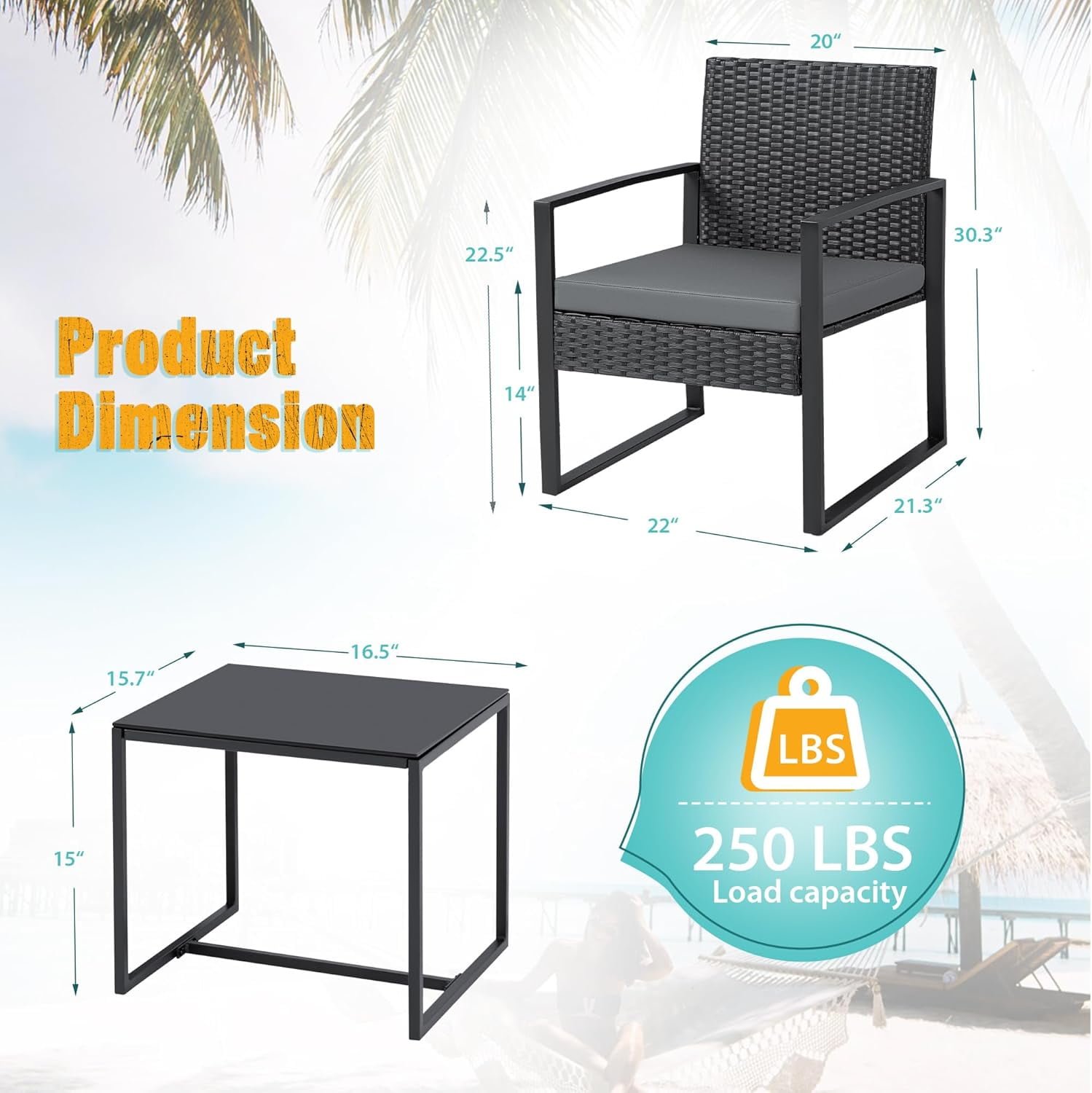 Lacoo 3 Pieces Patio Indoor Conversation Set Cushioned PE Rattan Bistro Chairs Set of 2 with Coffee Table, Black/Grey