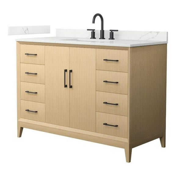 Janna 48" White Oak Single Vanity & Giotto Quartz Top (3-Hole) & Black Trim