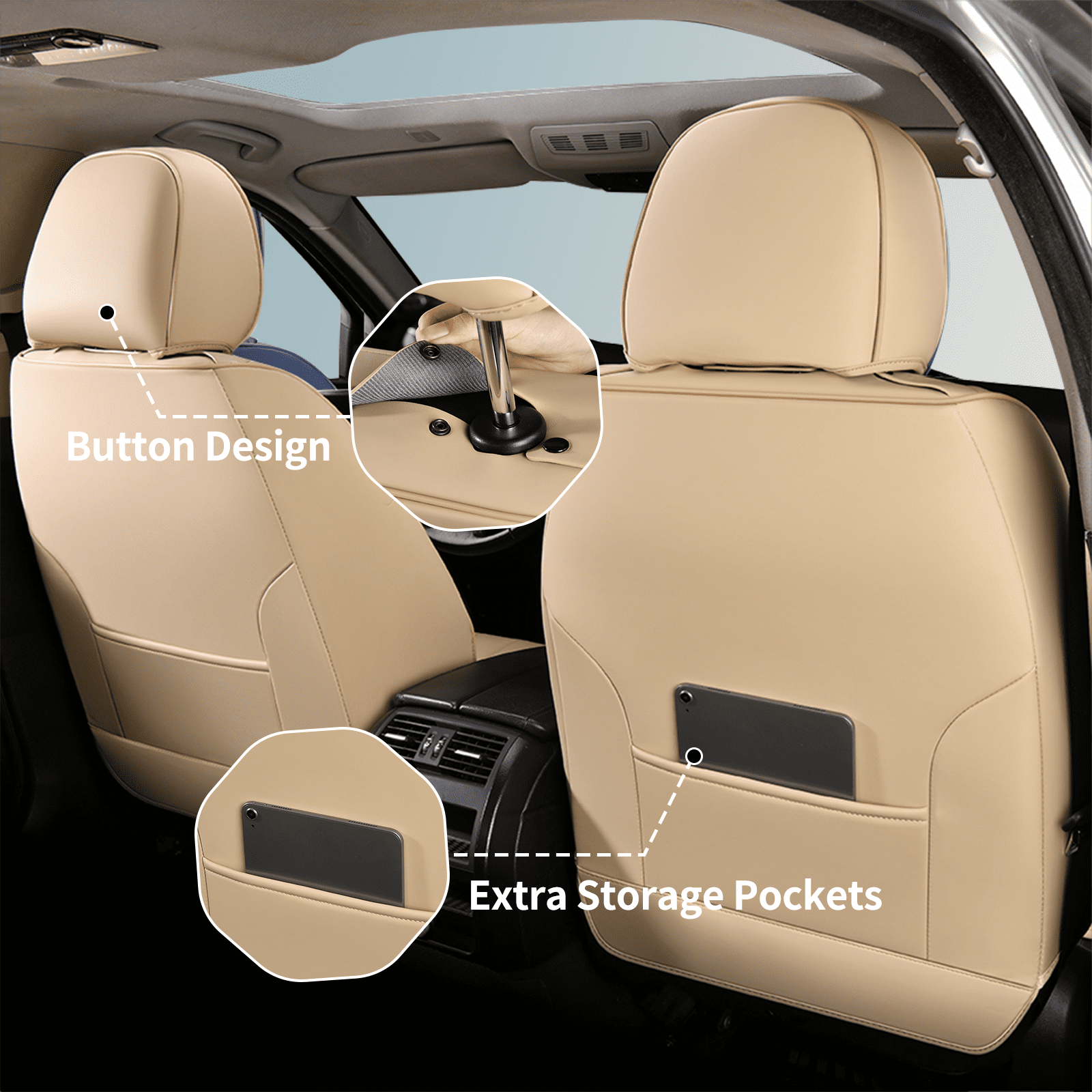 Coverado Front Car Seat Covers, Premium Leather Seat Protectors, Sleek Design Universal Fit for Most Cars, Beige