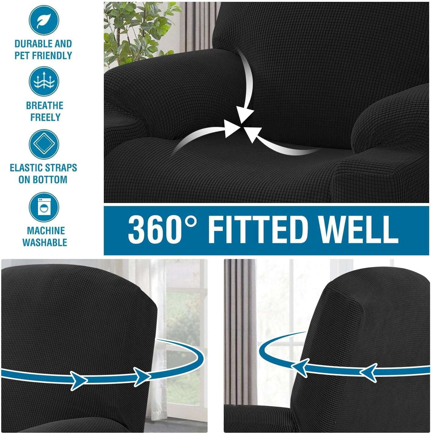 H.VERSAILTEX Stretch Electric Power Lift Recliner Chair Cover with Side Pocket, Soft Thick Jacquard(Single Seat, Black)