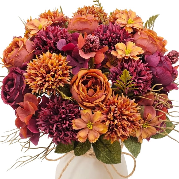 BZCOE 3 Bundles Fake Fall Flowers Bouquet, Faux Fall Floral Arrangements | Silk Chrysanthemums with Peony for Home Living Room Kitchen Wedding Table Centerpieces Indoor Autumn Decor (Burnt Orange)