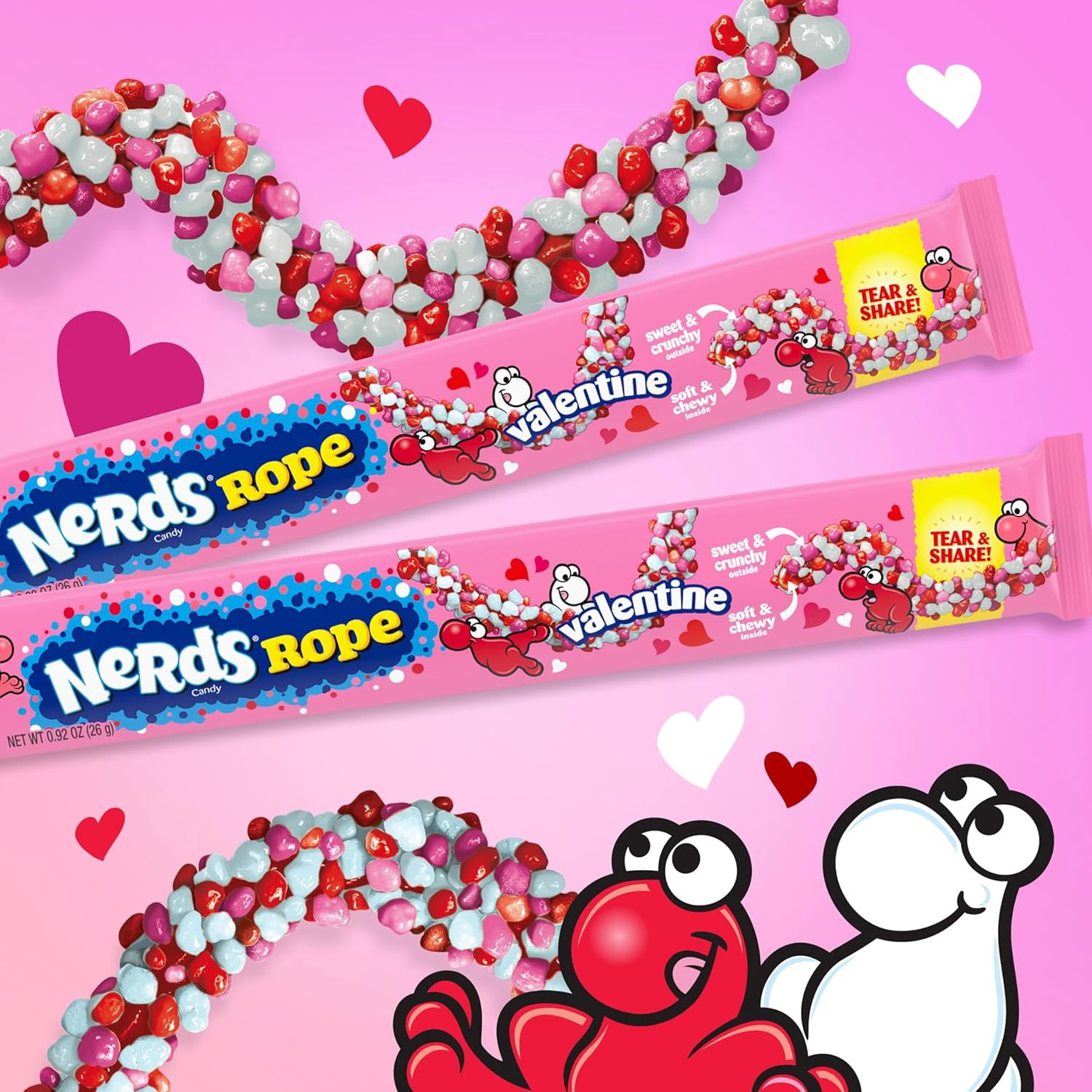 NERDS Rope Valentine Candy, Sweet and Sour Candy, Individually Wrapped, Valentine's Day Pink, White, and Red Rope Colorful Candy, 0.92oz, Pack of 24