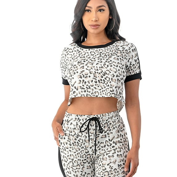 Mint Plus Pink - Leopard Print Crop Top Contrast and Jogger Pockets Set | Trendsetting Loungewear in French Terry | Available in 2 Colors