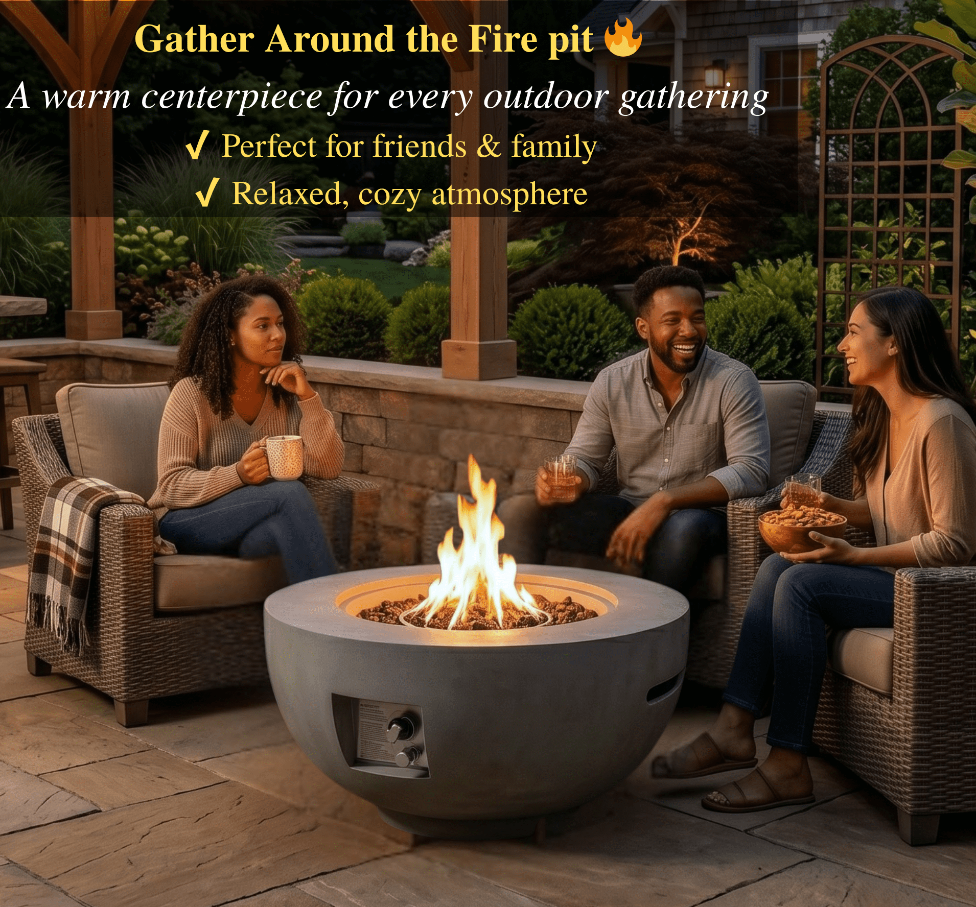 Anykoon 28" Outdoor Round Propane Fire Pit Table, 40,000 BTU Light Concrete Fire Pit with Lava Rocks, Rain Cover & Lid, Light Grey for Patio Garden Deck