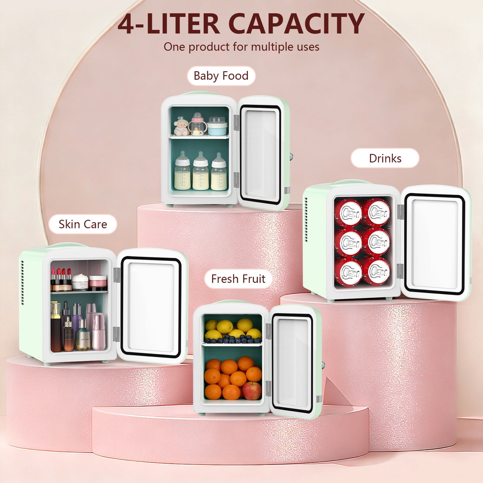 KNDKO Mini Fridge, 4L/6 Cans Cooler and Warmer Compact Refrigerator Skincare, Makeup & Drink, Portable Desk Fridge for Car, Office, Dorm, Green