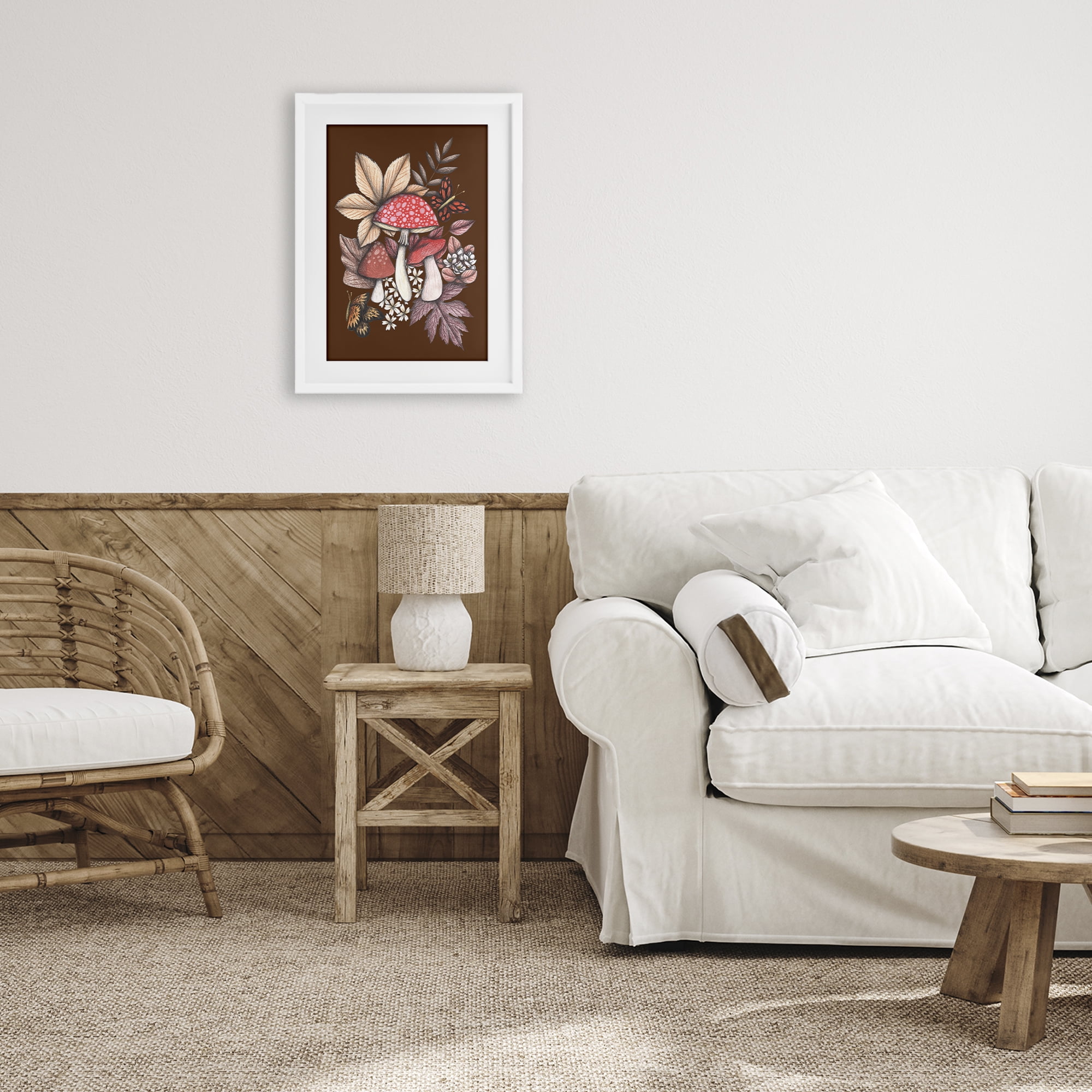Autumnal Mushrooms Magic White Framed Print Under Glass, design by Cecilia Battaini